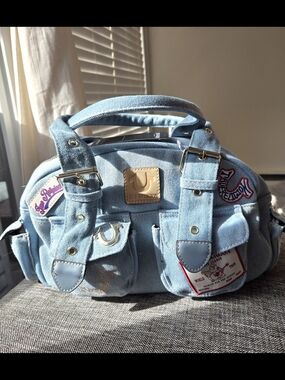 Viral True Religion Light Blue Denim Satchel with Patch Accents